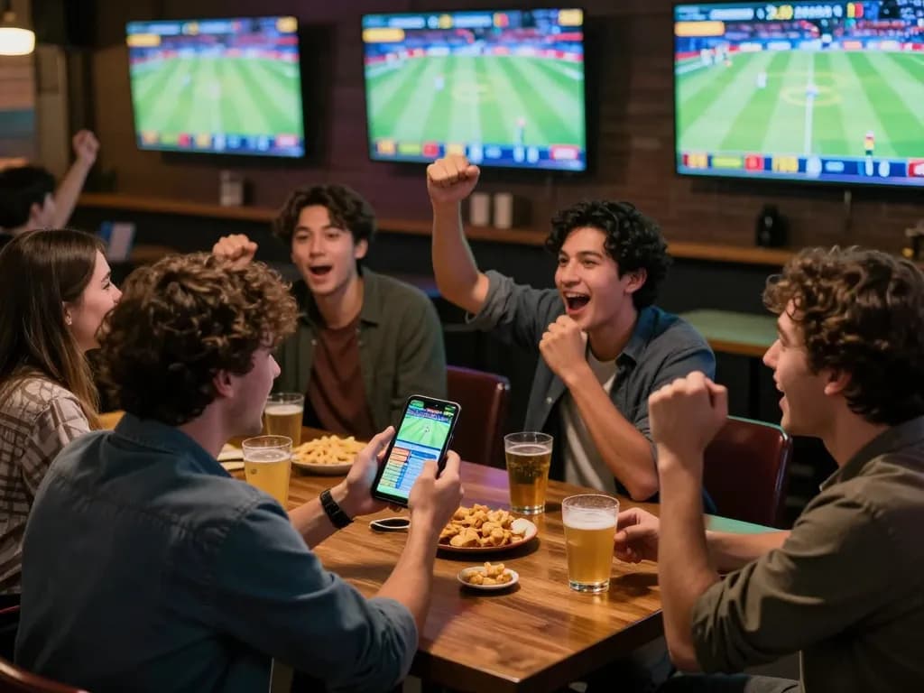 Friends placing bets on 789bet while enjoying a live sports game in a lively bar atmosphere.
