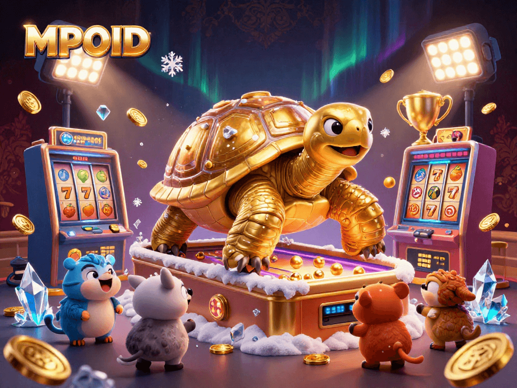 Enjoy gaming with MPOID at a vibrant slot machine scene featuring a unique golden tortoise