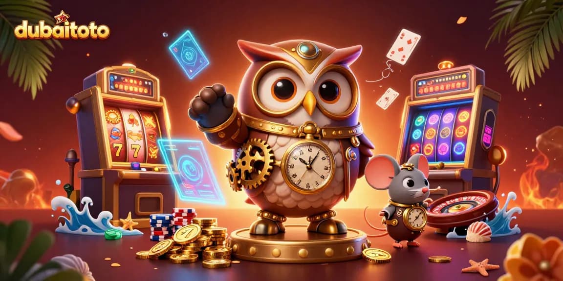 Experience the excitement of dubaitoto with a vibrant 3D casino scene featuring a time-traveling owl and steampunk elements.