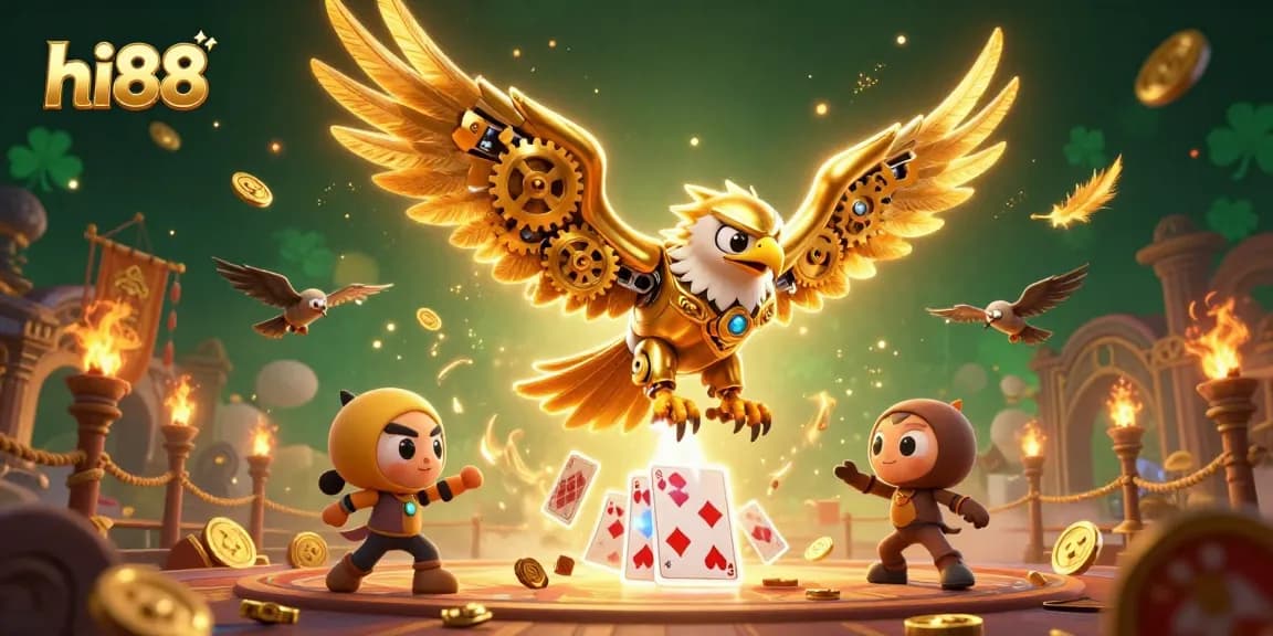 hi88 offers thrilling online betting adventures with a golden eagle diving through casino elements.
