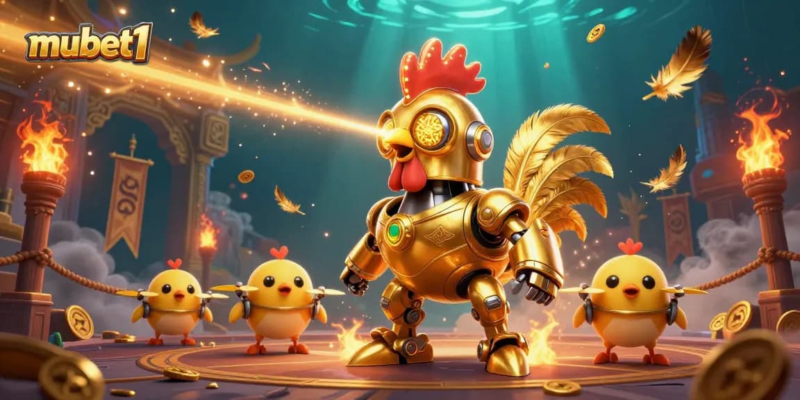 Engage in thrilling experiences at mubet1 with a retro-futuristic golden rooster robot and baby chick drones.