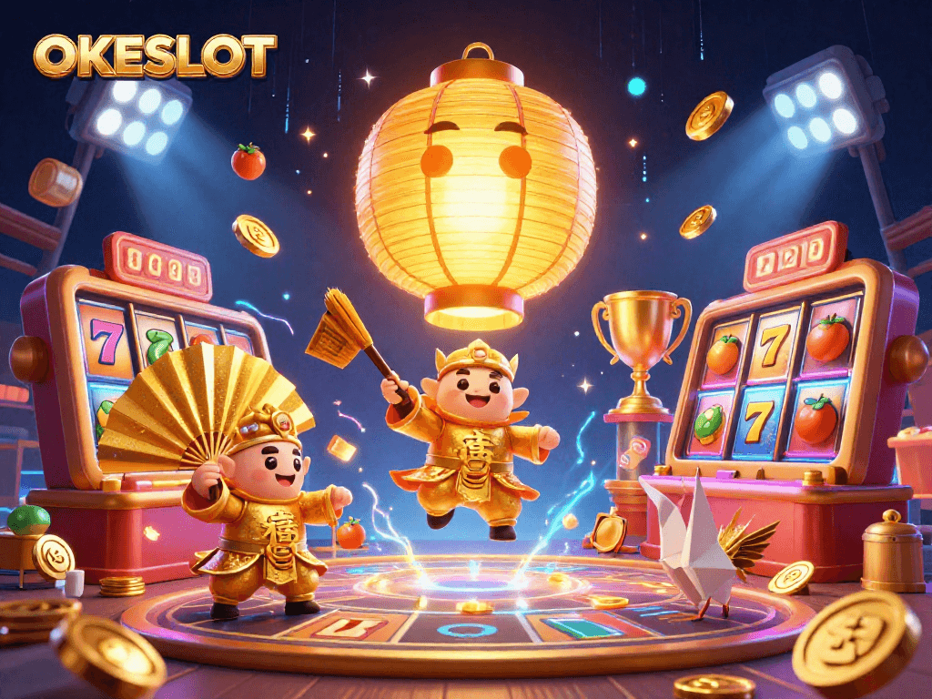 Mainkan slot di OKESLOT dengan semangat keberuntungan dalam ilustrasi kasino yang berkilau.