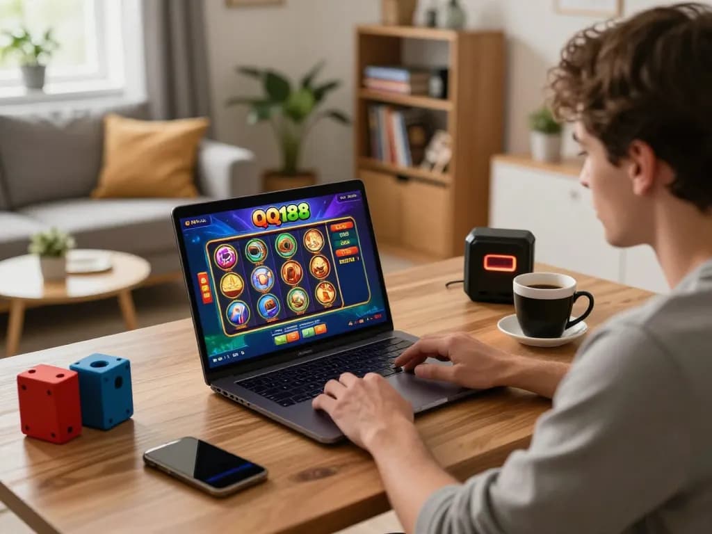 Pemain yang terlibat menikmati QQ188 Slot di laptop dalam pengaturan permainan di rumah yang nyaman, menyoroti perjudian online yang strategis.