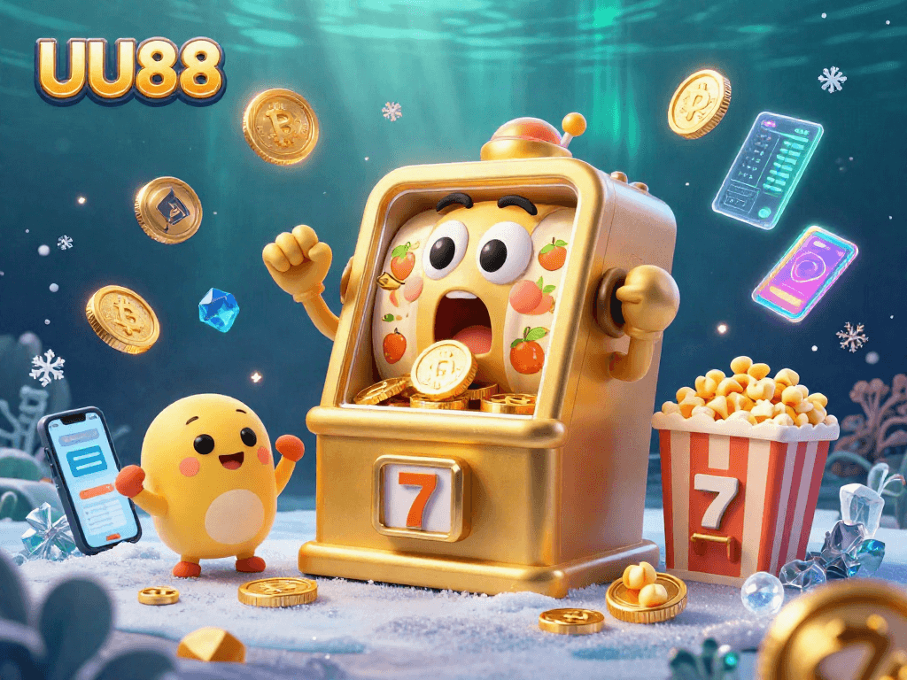 UU88 slot machine hits a jackpot surrounded by cheering baby slots and crypto coins.