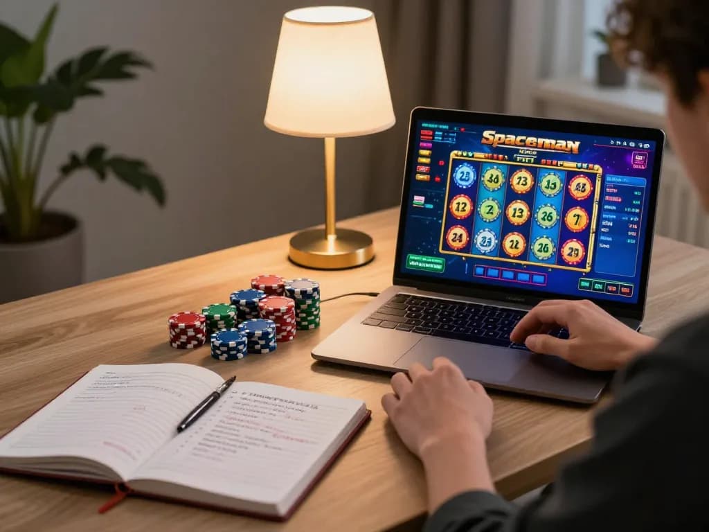 Menghadapi permainan Spaceman Pragmatic di laptop sambil mengelola bankroll secara strategis.