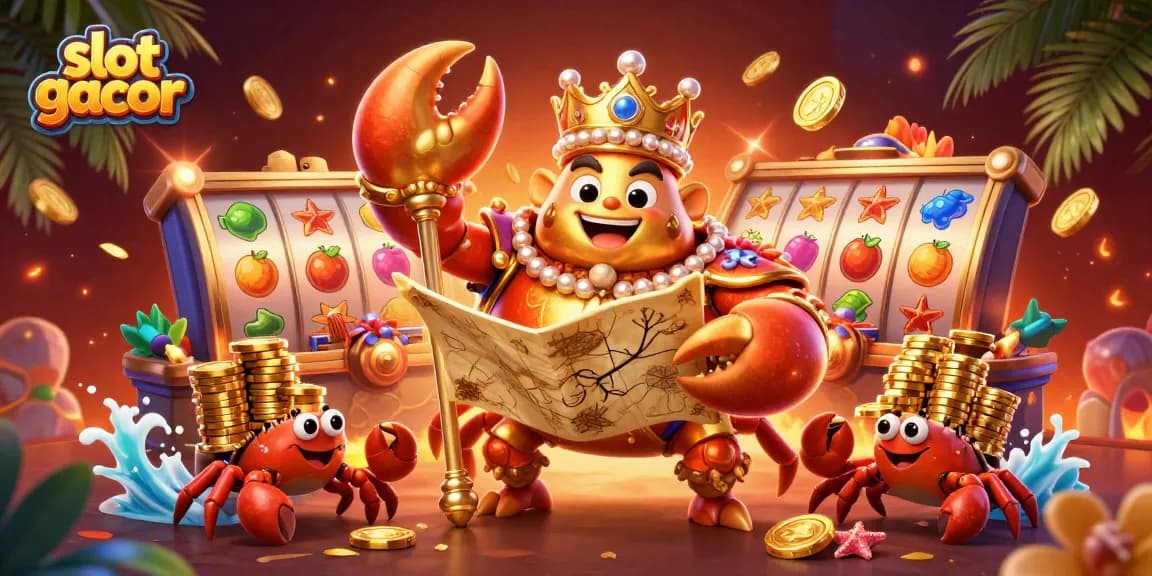 Permainan slot gacor yang menang dengan desain karakter kepiting raja dan simbol keberuntungan di sekitarnya.