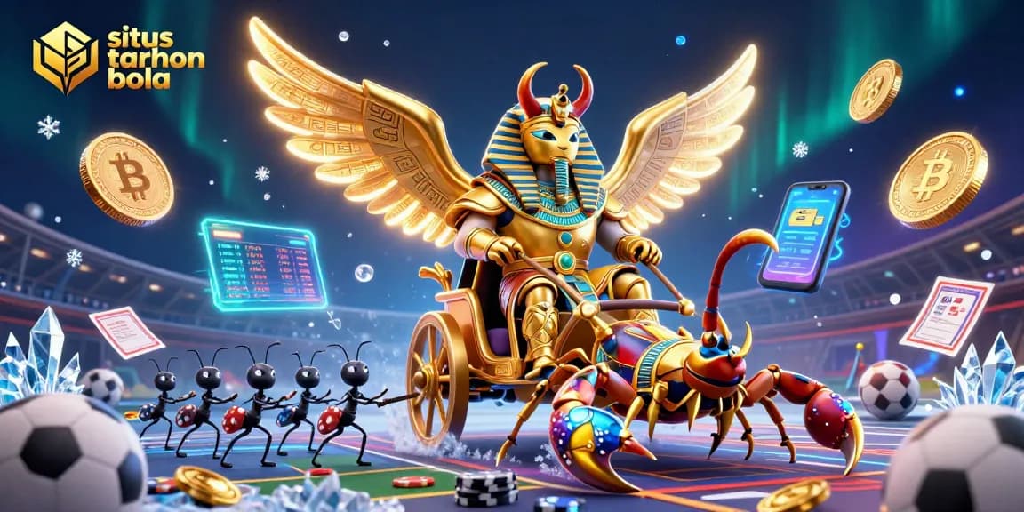 Bet on situs taruhan bola with an engaging sports-themed 3D illustration showcasing a golden scarab beetle.
