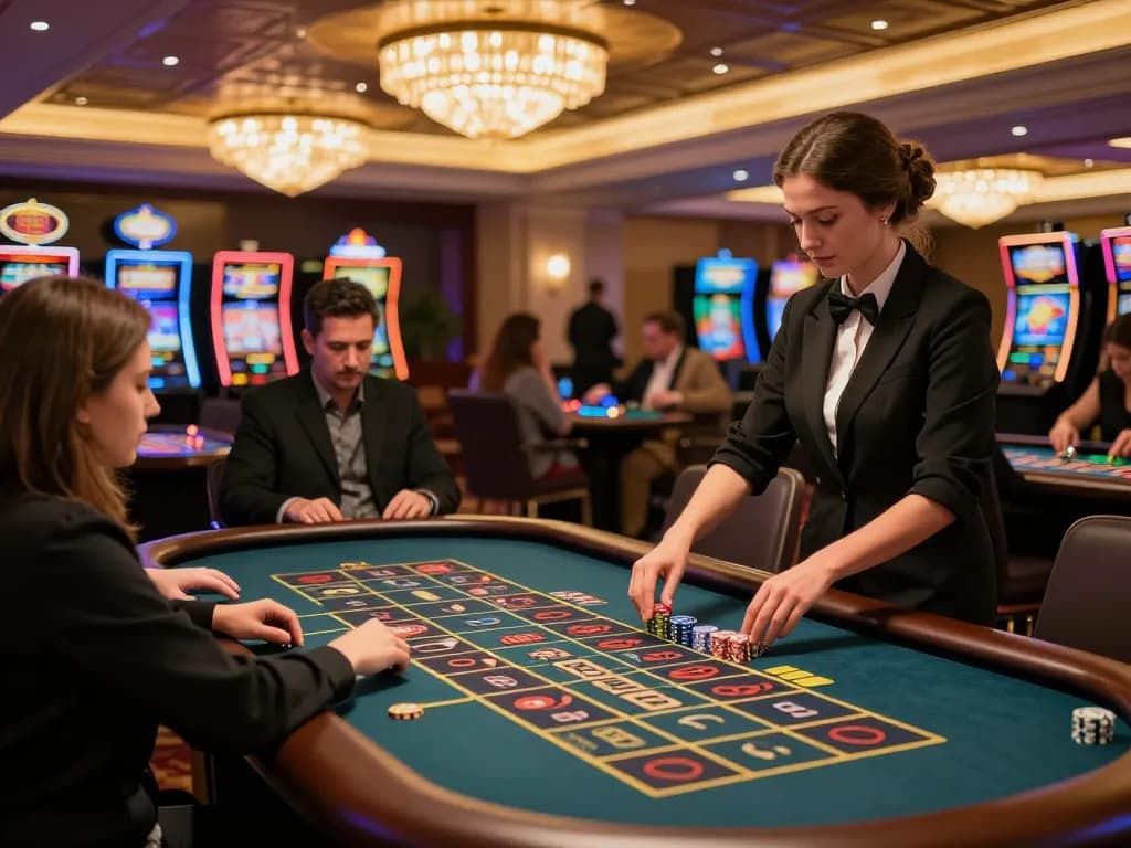 Experience the thrill of jangkar55 live casino gaming with vibrant players around a roulette table.