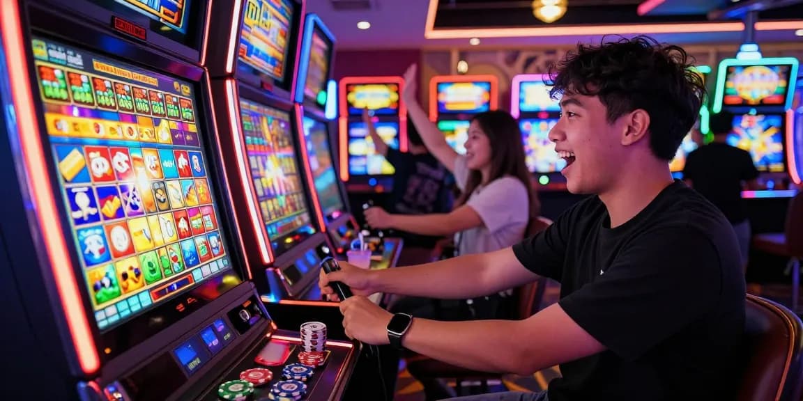 Slot Gacor - Pemain slot mesin menikmati kemenangan di kasino yang ramai dengan suasana meriah.