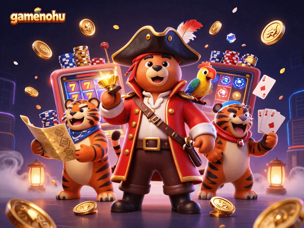 Experience excitement at gamenohu with a pirate bear, lucky slot reels, gold coins, and vibrant casino elements.