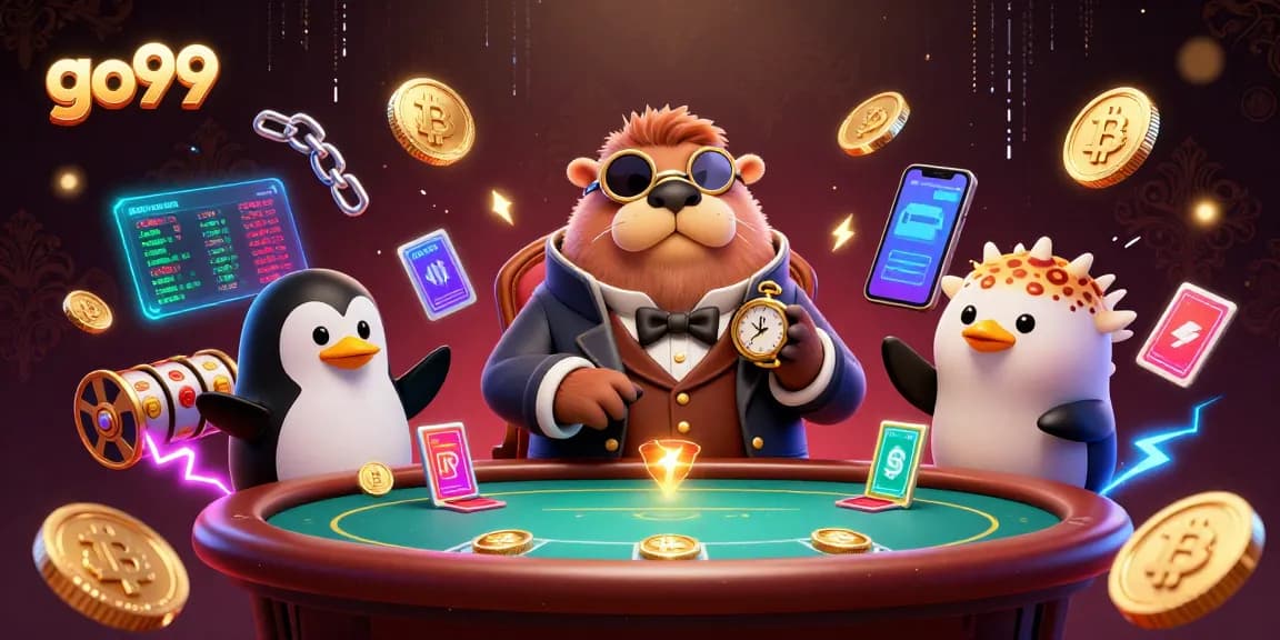 Engage with go99's vibrant casino scene featuring a walrus, penguin dealer, and a bluffing pufferfish.