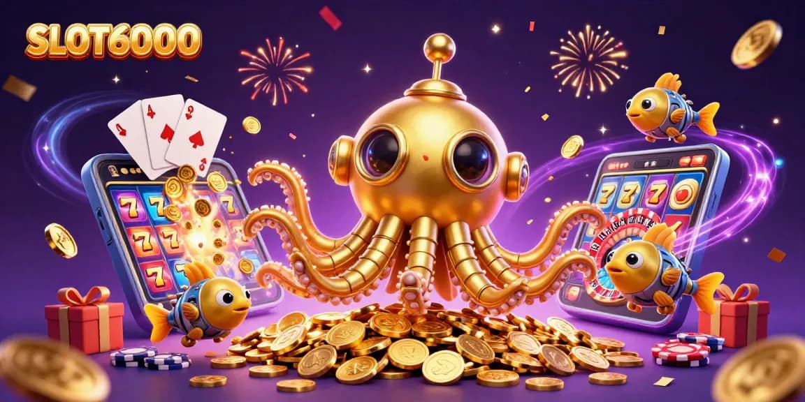 Menghadirkan SLOT6000 dalam ilustrasi 3D yang menampilkan kapal selam kraken emas dan permainan slot yang berkilau.