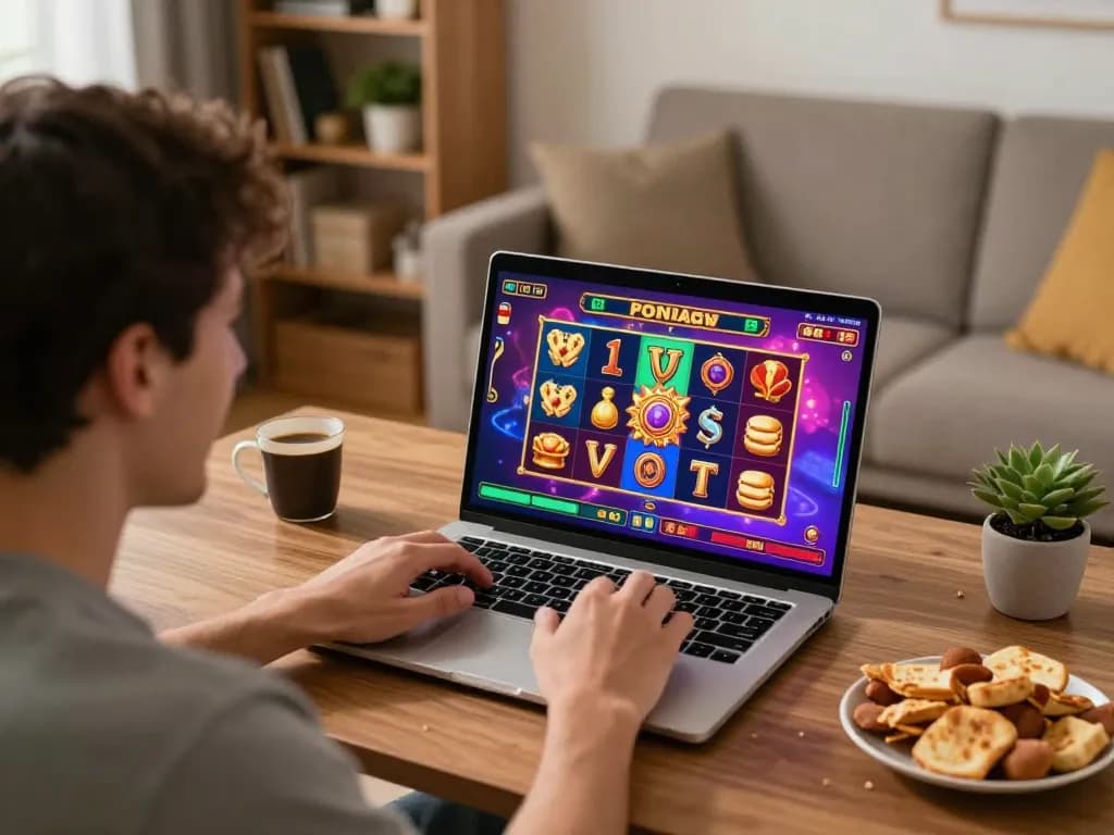 Pemain menikmati perayaan kemenangan permainan slot deposit 5000 di laptop dalam lingkungan rumah yang nyaman.