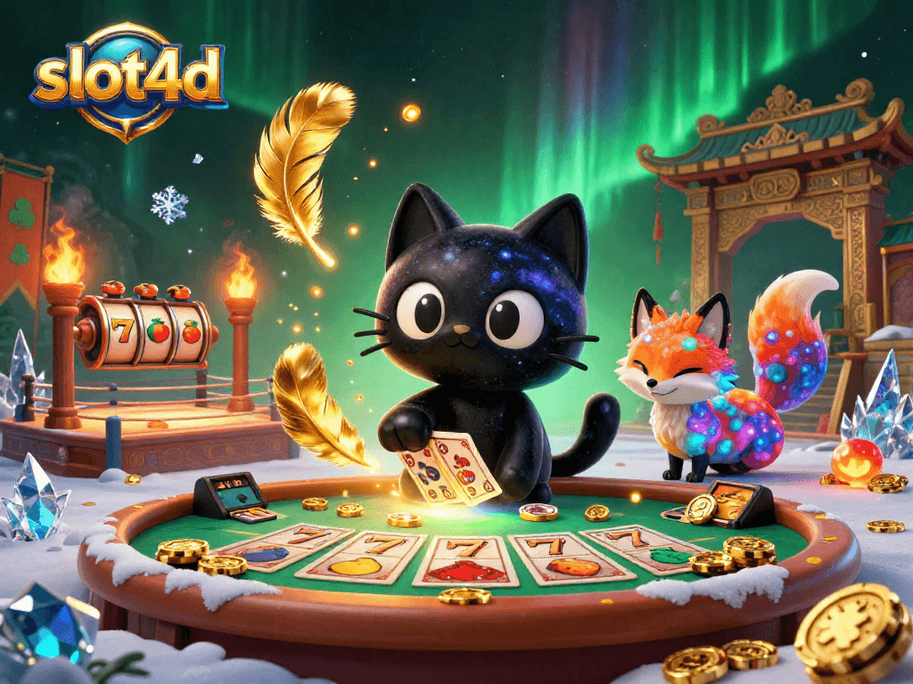 Bermain slot4d dalam ilustrasi 3D dengan kucing hitam dan rubah nebula, dikelilingi elemen kasino.