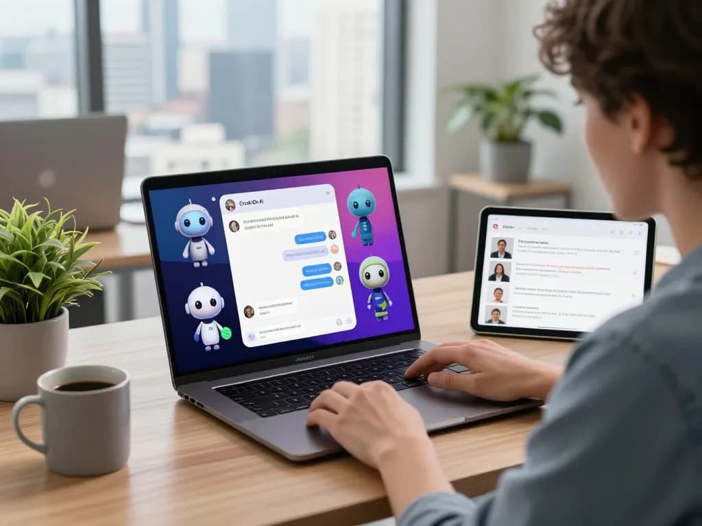 User engaging with crushon ia chatbot on modern laptop in bright digital workspace.