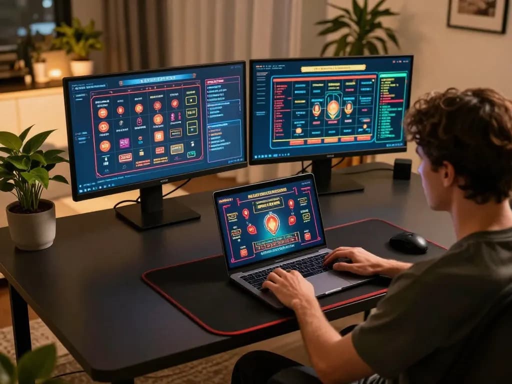 Rikvip player strategizing online gameplay in a cozy home office setup.