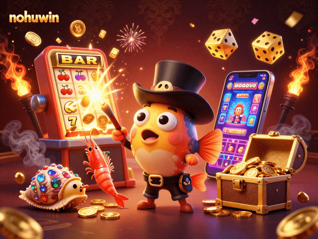 Experience the thrill of nohuwin with vibrant characters and exciting jackpot scenes in this dynamic casino illustration.