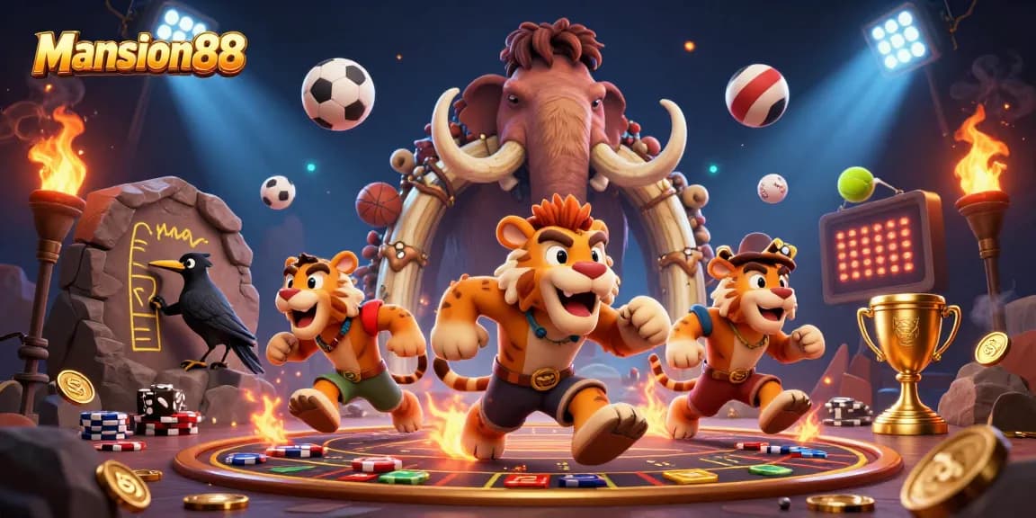 Mansion88 enhances the excitement with dynamic 3D illustration of casino activities featuring unique characters and vibrant elements.