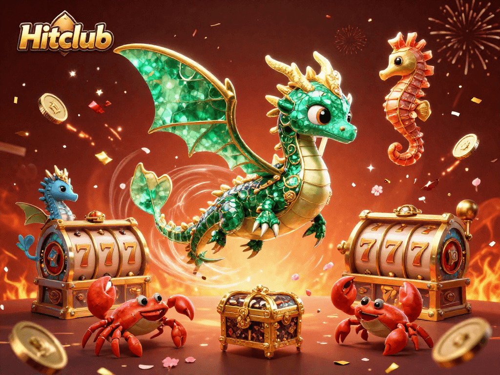 Experience the vibrant gaming action at Hitclub with a dynamic sea dragon among slot reels and festive visuals.