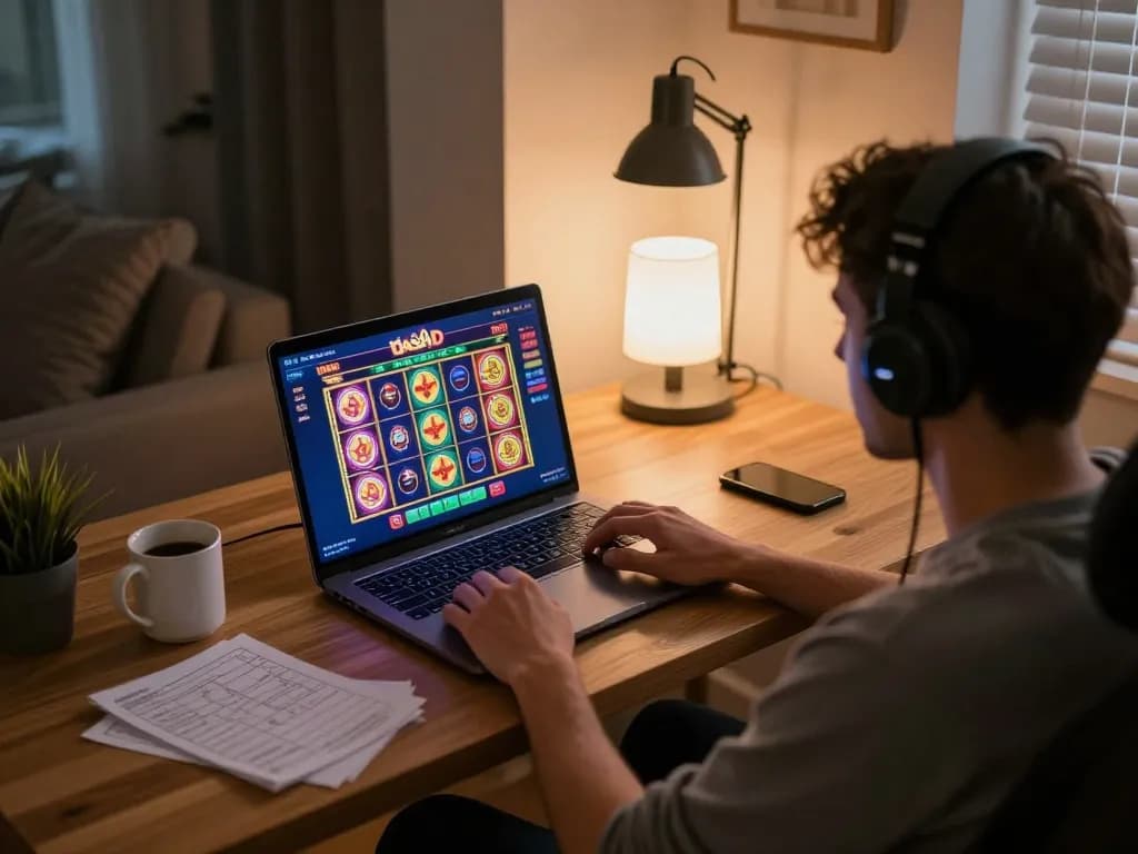 Pemain yang terlibat memutar gulungan di slot dasi4d selama sesi permainan santai di rumah