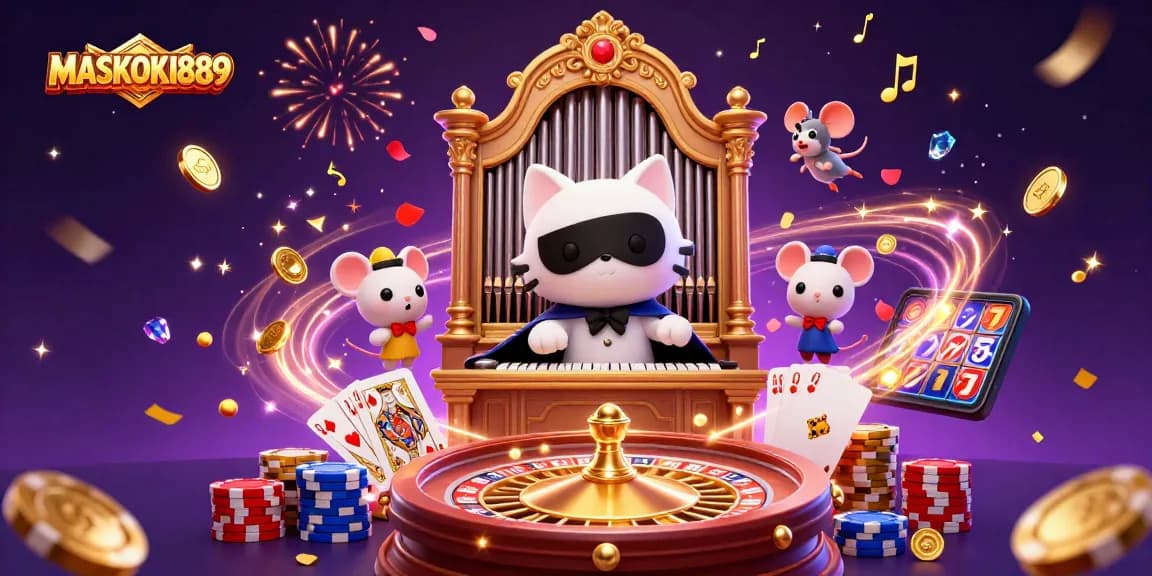 Experience the thrill of MASKOKI889 with a vibrant 3D casino scene packed with exciting elements.