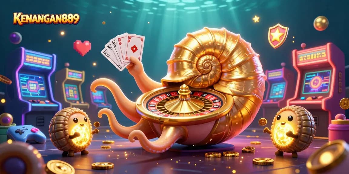 KENANGAN889 brings excitement with a vibrant casino scene featuring a giant nautilus as a roulette wheel.