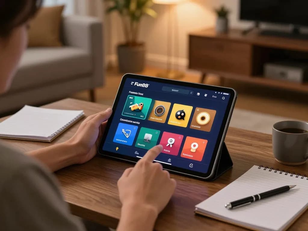 Fun88 app interface displayed on tablet in a cozy home gaming setup