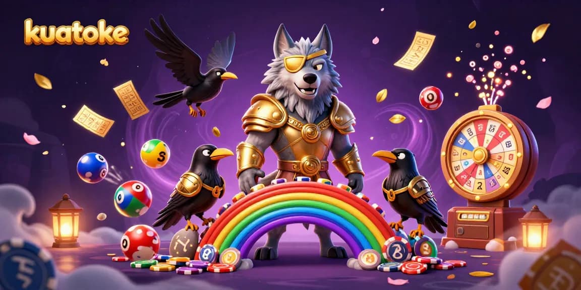 Kuatoke brings excitement alive with a Norse-inspired casino scene featuring an Odin wolf, vibrant games, and lottery elements.