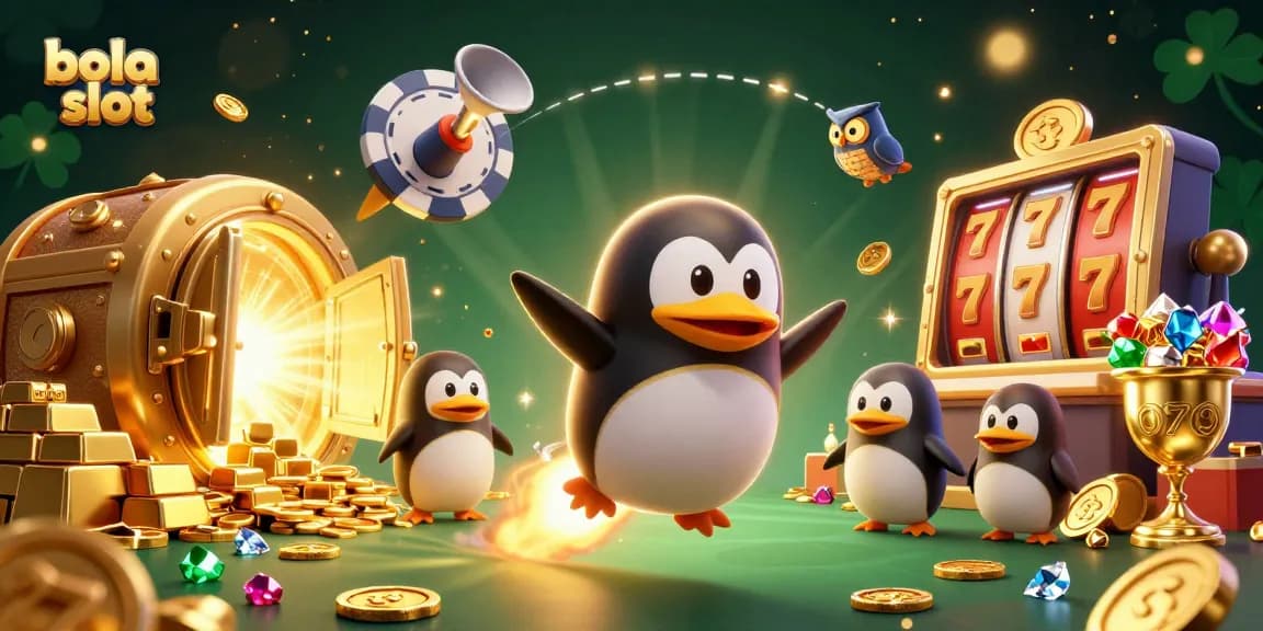 Experience the excitement of bola slot adventures with a golden penguin and casino elements in a vibrant scene.