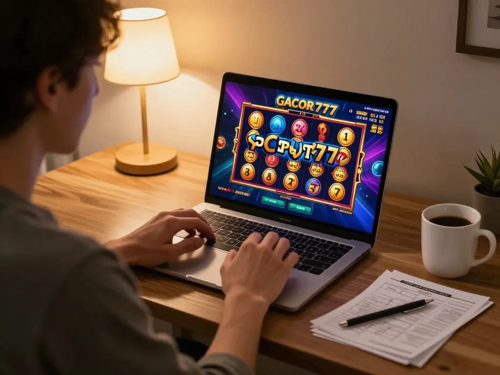 Engaging in thrilling slot gacor 777 gameplay on a laptop at home, showcasing vibrant graphics.
