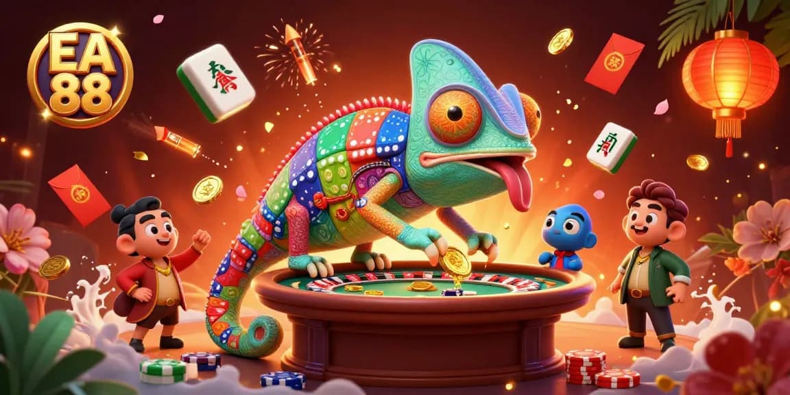 Engage with EA 88 in an ultra-detailed casino scene featuring a vibrant chameleon and rich decorations.
