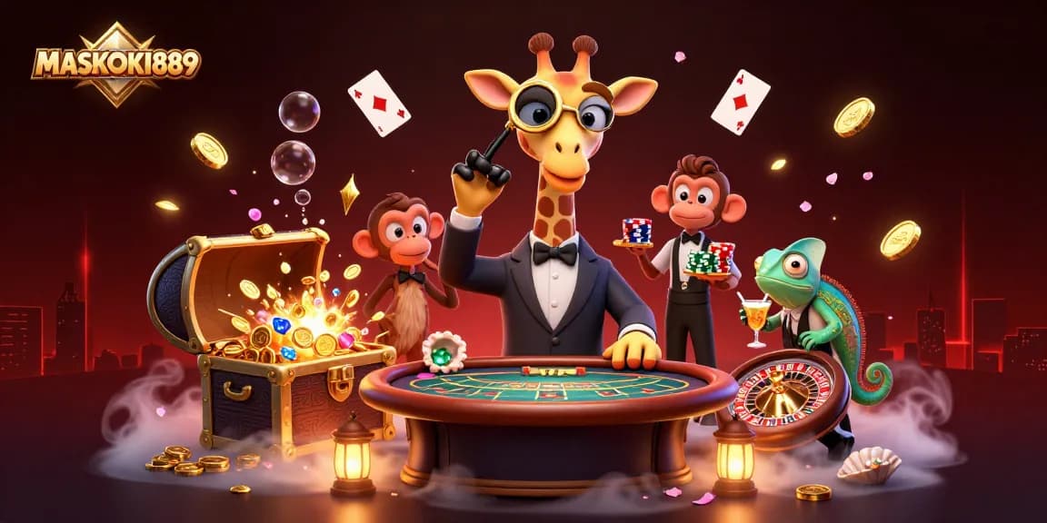 Experience the thrill of MASKOKI889 as the giraffe deals cards at a lively poker table.