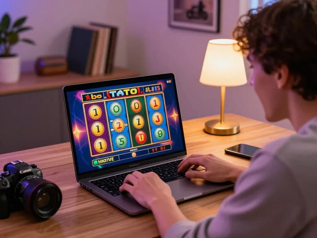 Engaging player at home using bayitoto slots interface, surrounded by gaming elements