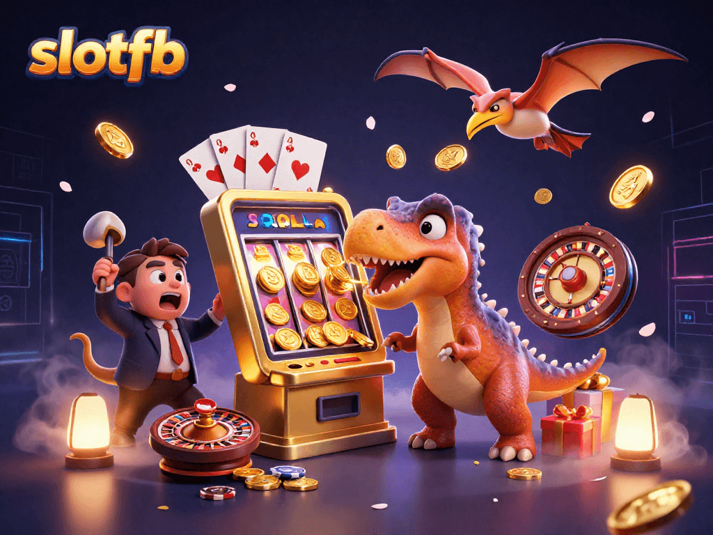 slotfb players enjoying a jackpot win as a pachycephalosaurus interacts with a slot machine surrounded by golden coins