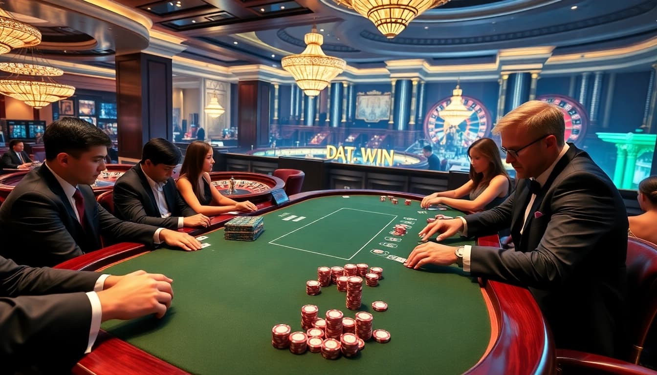 Rasakan sensasi menang dengan Datuk Win di meja kasino profesional yang dipenuhi chip poker dan pemain.