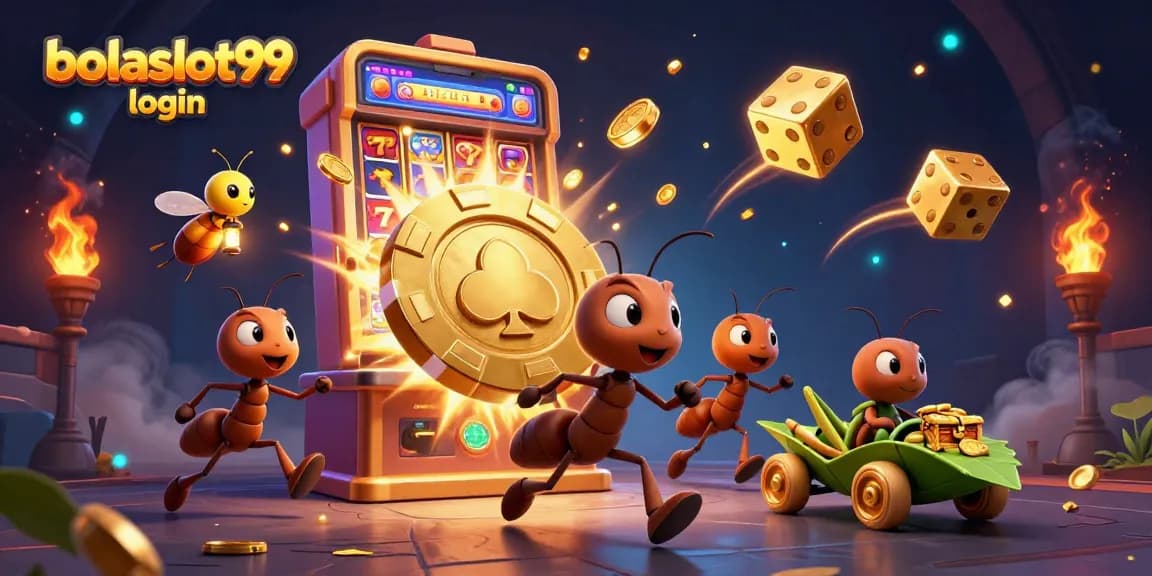 imagining the fun of bolaslot99 login while ants run a heist with golden poker chip