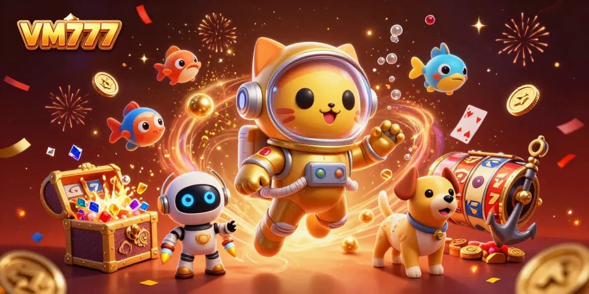 Experience exciting gameplay with VM777 featuring a cat astronaut, robot dog, and casino elements.