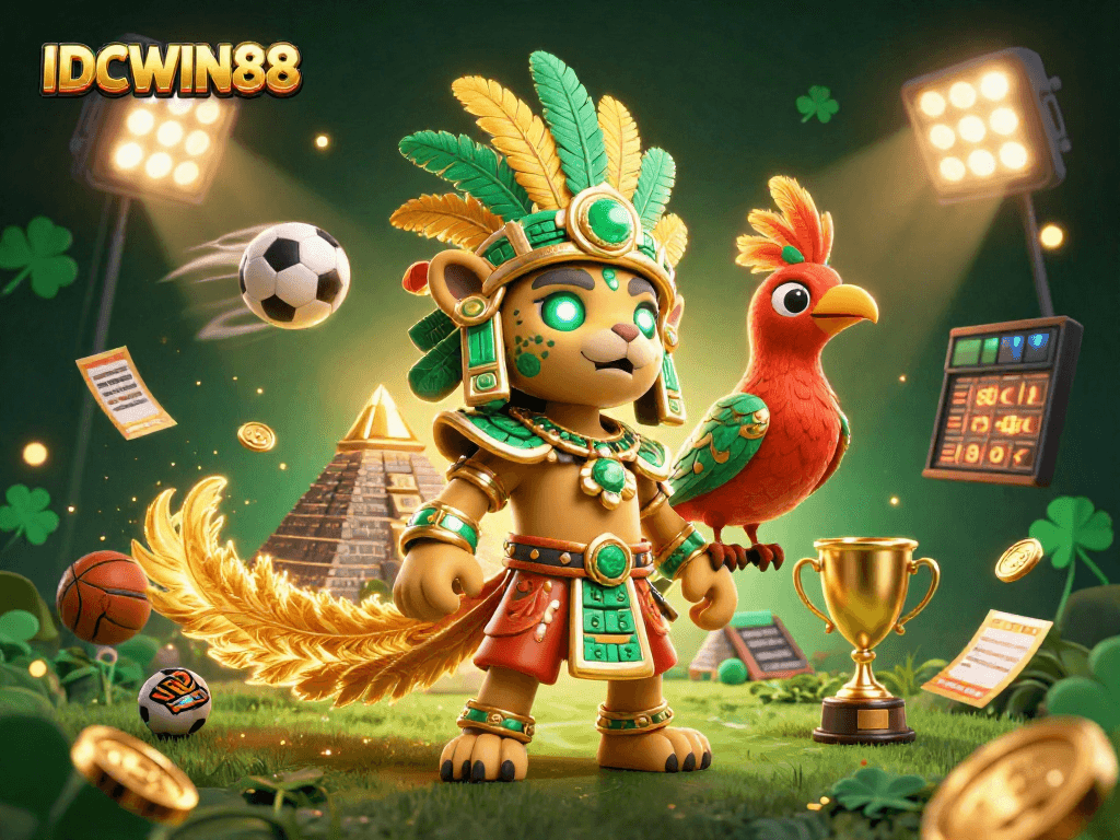 Experience high stakes with IDCWIN88, featuring vibrant Mayan themes and dynamic sports betting elements.