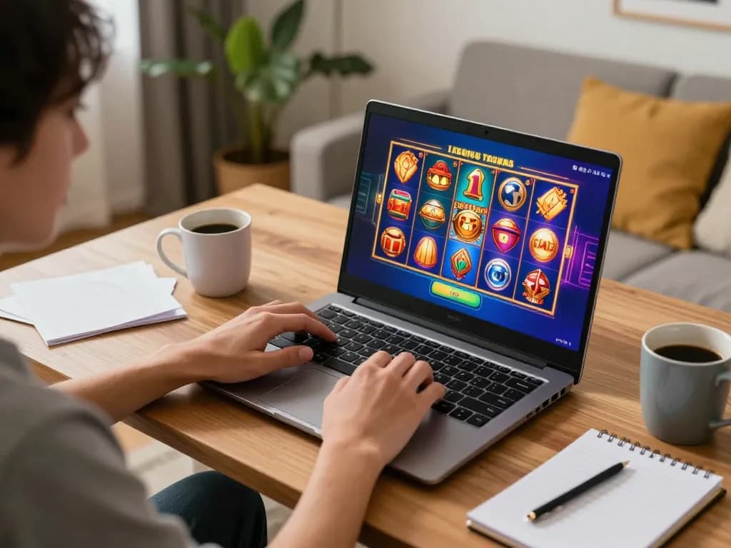 Engaging scene of a gamer playing slot terbaru on a laptop in a cozy home setting, showcasing excitement and strategy in online gambling