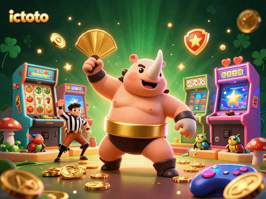 Gambarkan aksi judi interaktif oleh ictoto dengan keunikan juara beetle sumo dan mesin slot warna-warni.