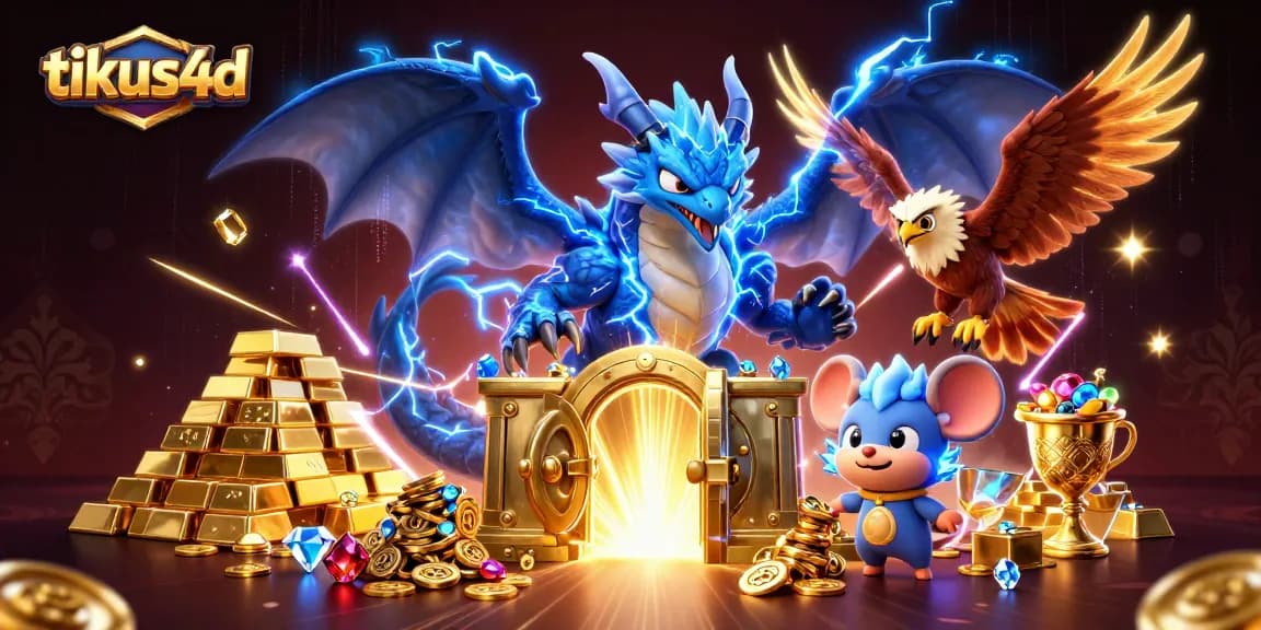 Engage with tikus4d's vibrant 3D illustration of a dragon, hawk, and tiny mascot amidst riches.
