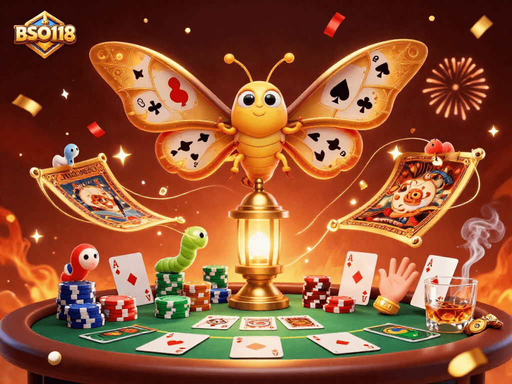 Experience the thrill of poker in this vibrant BSO118 illustration featuring a moth and casino elements.
