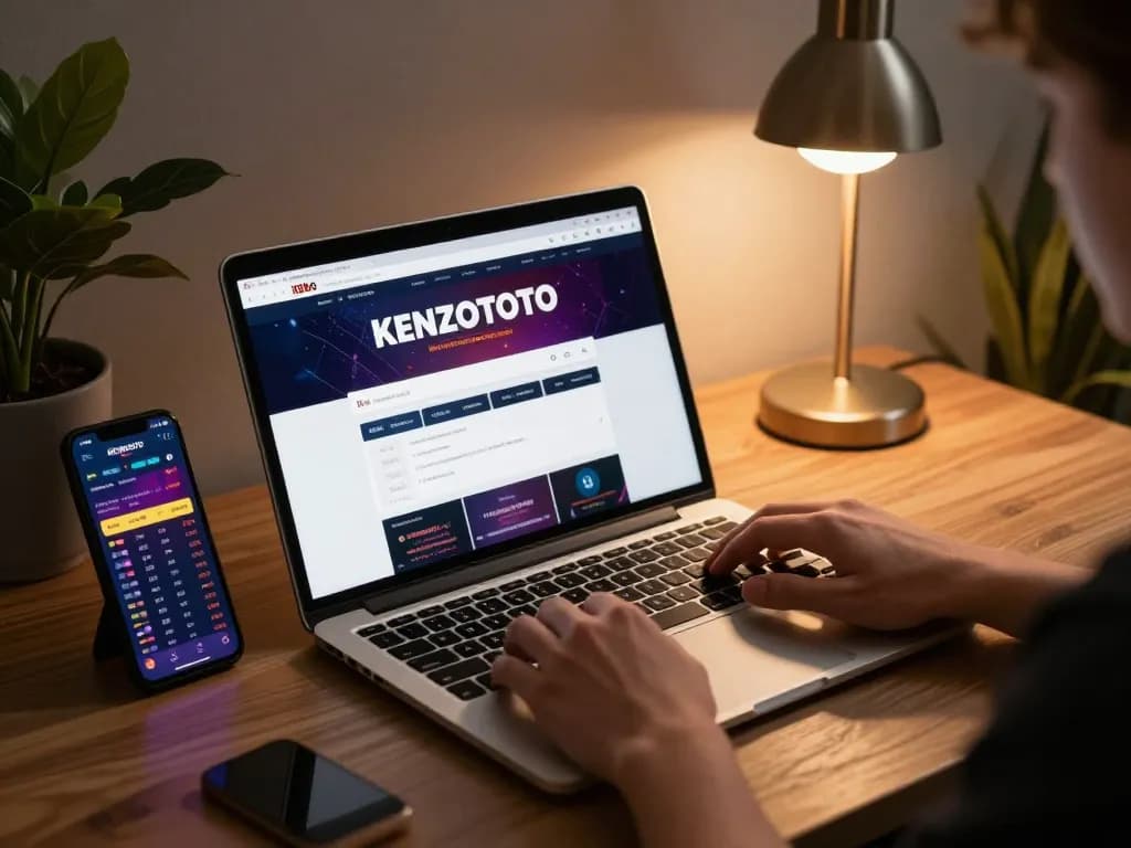 Pengaturan permainan online yang menarik menunjukkan login kenzototo di laptop, mempromosikan perjudian yang bertanggung jawab.