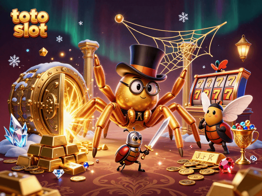 Permainan toto slot yang menampilkan laba-laba raksasa emas di kasino dengan pencahayaan berkilau.