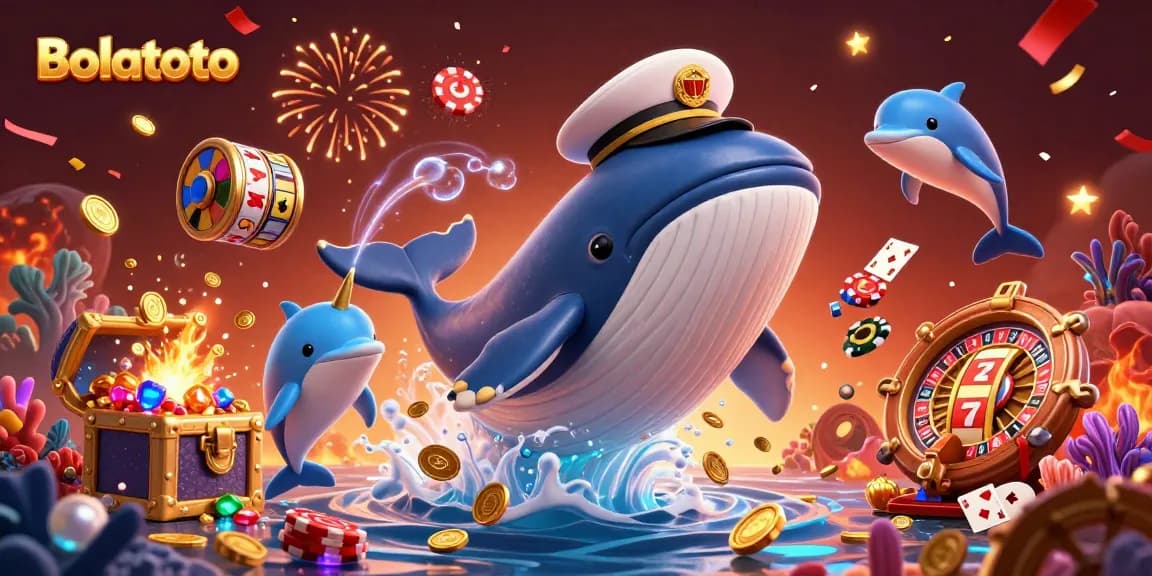 Bolatoto players enjoy a vibrant casino experience with whales and dolphins amidst slot reels and treasure