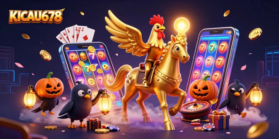 KICAU678 depicts an enchanting midnight casino with a golden rooster headless horseman and animated gaming elements.