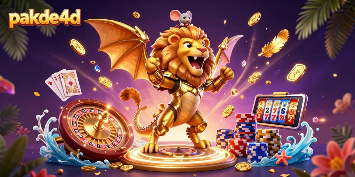 Experience the thrill of pakde4d with a roaring chimera and dazzling casino elements in this vibrant 3D illustration.