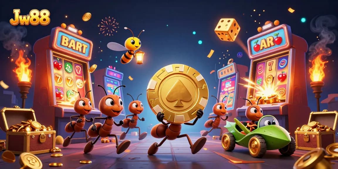 Engage with thrilling slots at Jw88, featuring animated ants and golden poker chips in a 3D adventure.