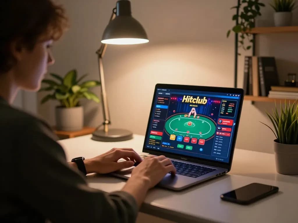 Engaged player strategizing poker gameplay on Hitclub in a cozy home setting
