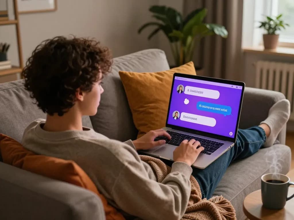 Engaging in ai sexting conversation on a laptop in a cozy home setting.